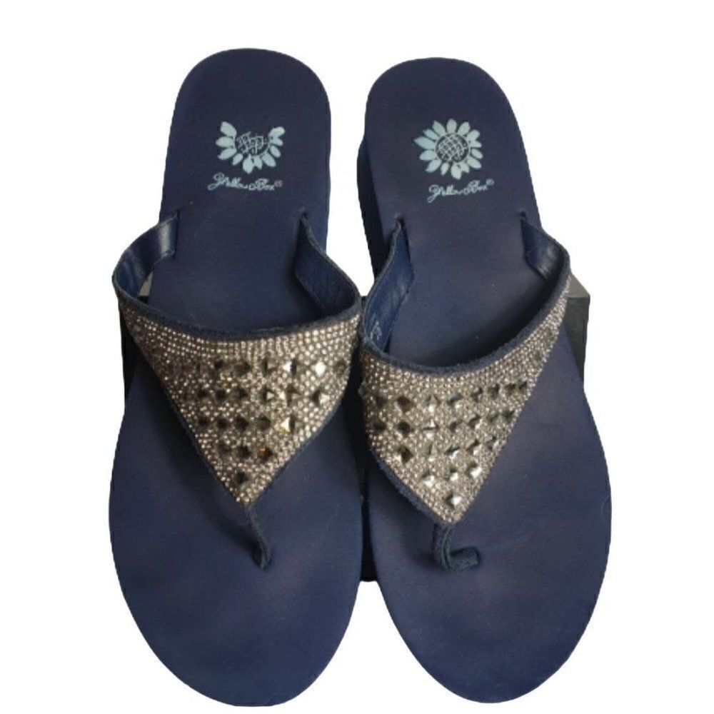 Yellow Box Women's Silver Embellished Blue Leather Slides Sandals size 10